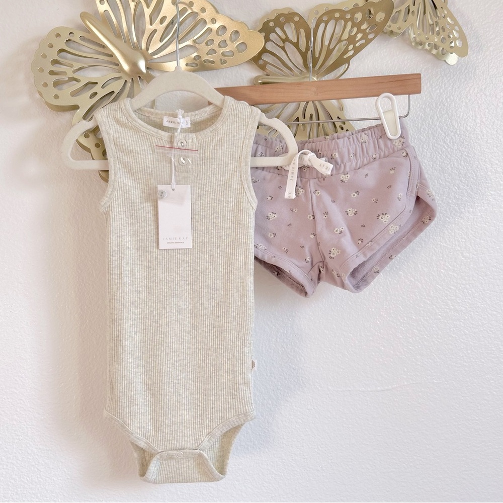 NWT Jamie Kay Ribbed Bodysuit + Lilac Floral Track Shorts Set